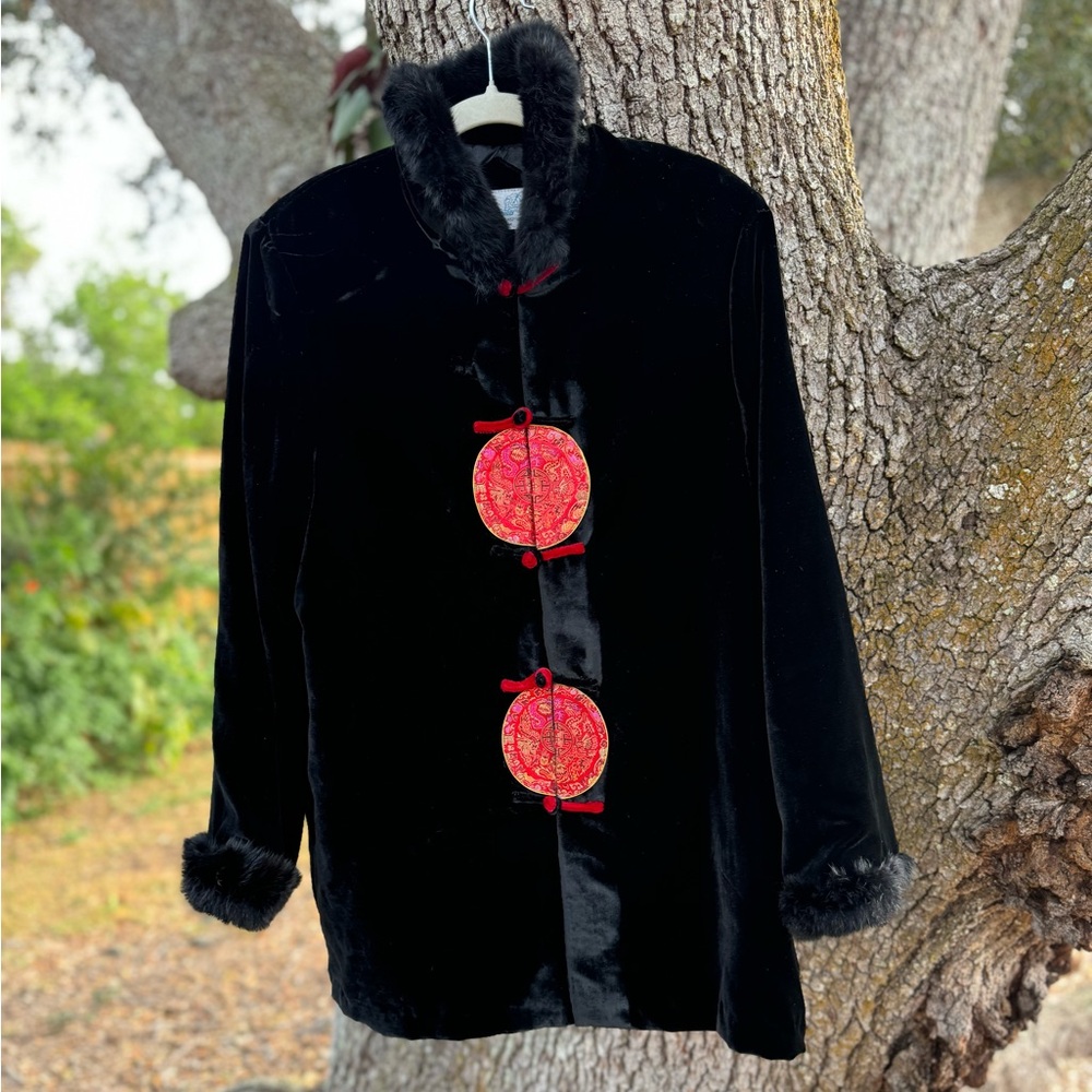 Vtg.90s Silk Velvet Black faux fur jacket with embroidered medallions.L